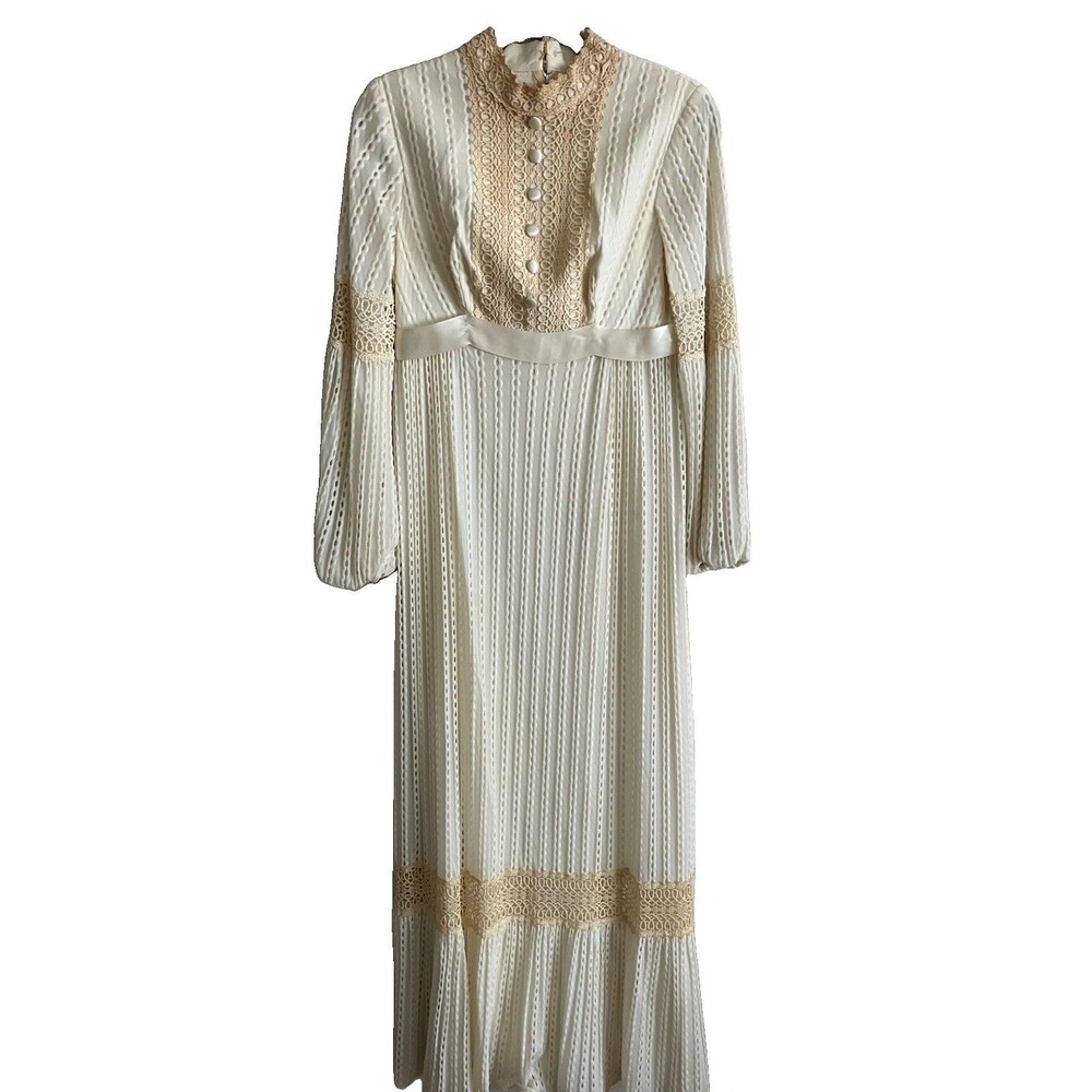 Vtg 1970s Victorian Maxi Wedding Dress Boho Embroidered Bridal Gown Small